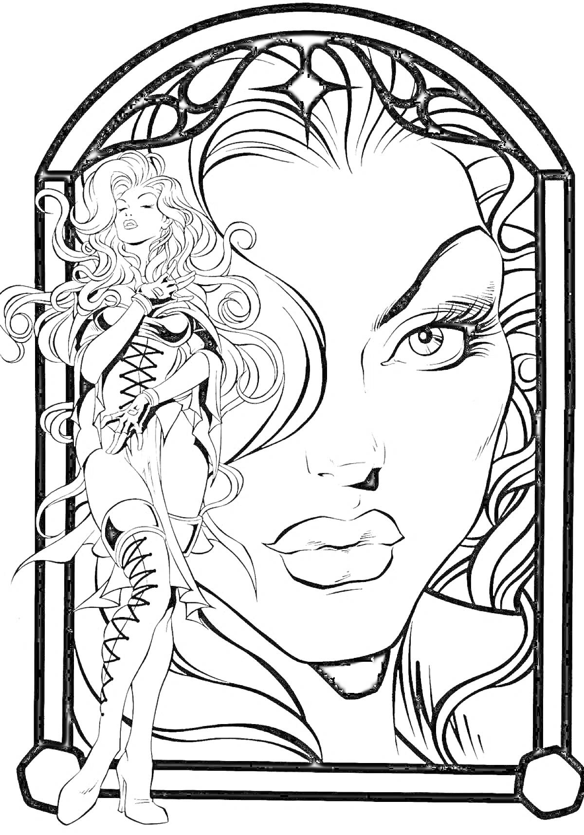 Раскраска Вампирша перед большим портретом, в обрамлении арки