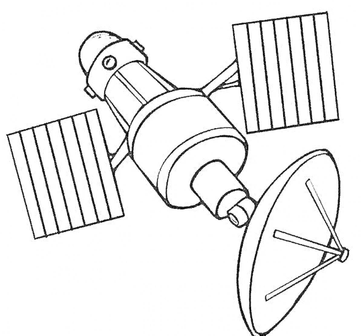 Раскраска Исследовательский спутник с солнечными панелями и антенной
