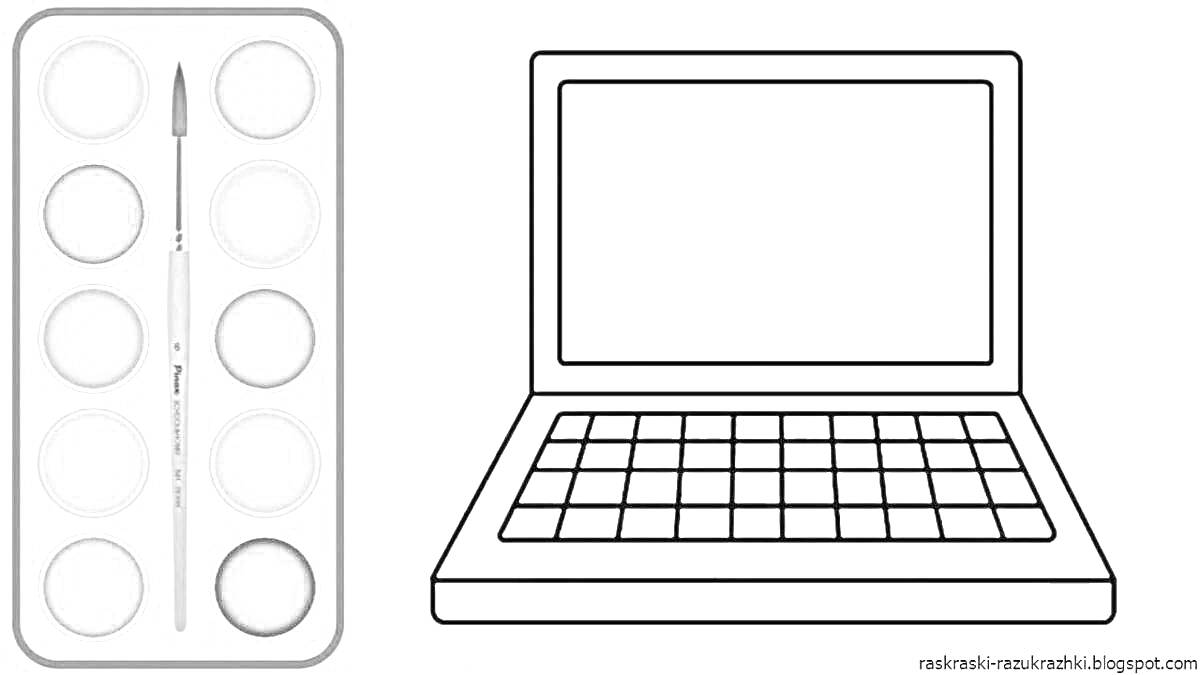 Раскраска Раскраска с ноутбуком и палитрой красок с кисточкой