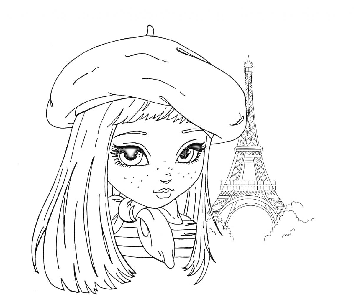 На раскраске изображено: Девочка, Берет, Эйфелева башня, Париж, Мода, Франция, Архитектура, 12 лет, Путешествия