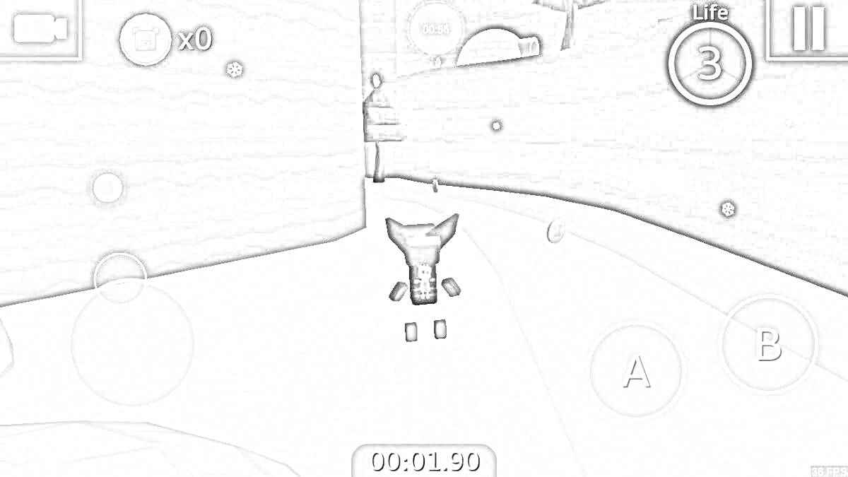 Раскраска Зимний уровень с медвежонком, с таймером, тремя жизнями, кнопками управления A и B, в игре на снежной трассе
