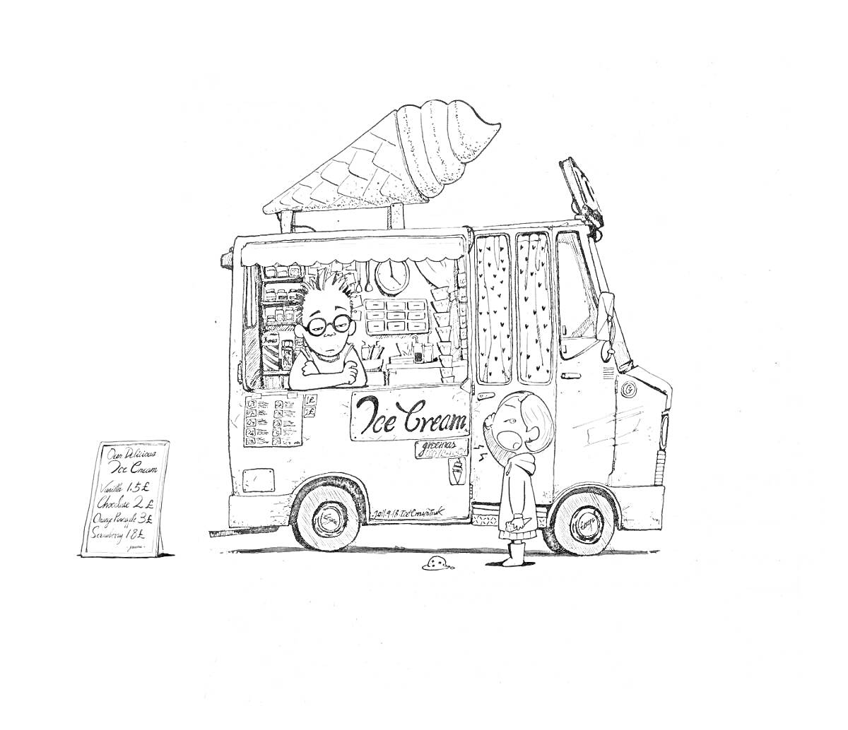 Мороженщик в фургоне и девочка, табличка со списком мороженого, упавшее мороженое