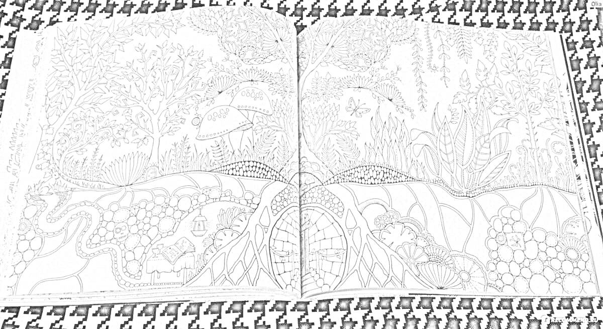 На раскраске изображено: Лес, Деревья, Цветы, Грибы, Природа, Узоры