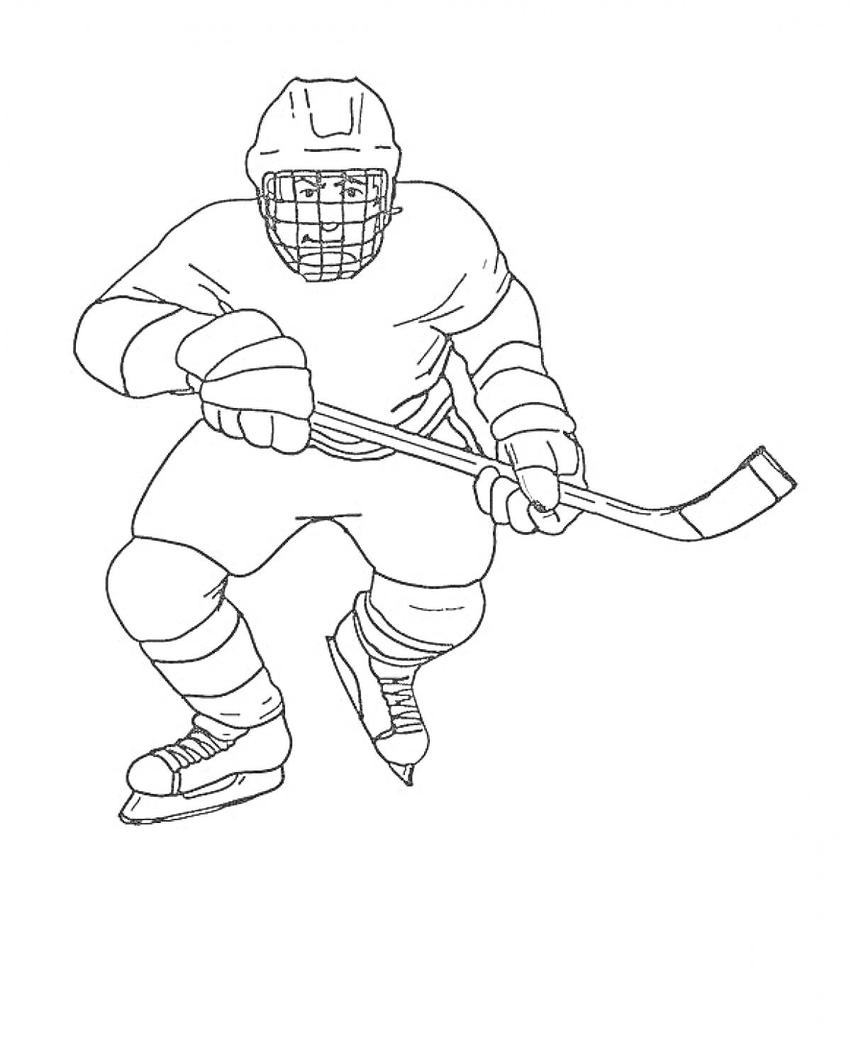 Хоккеист в шлеме и экипировке с клюшкой на льду