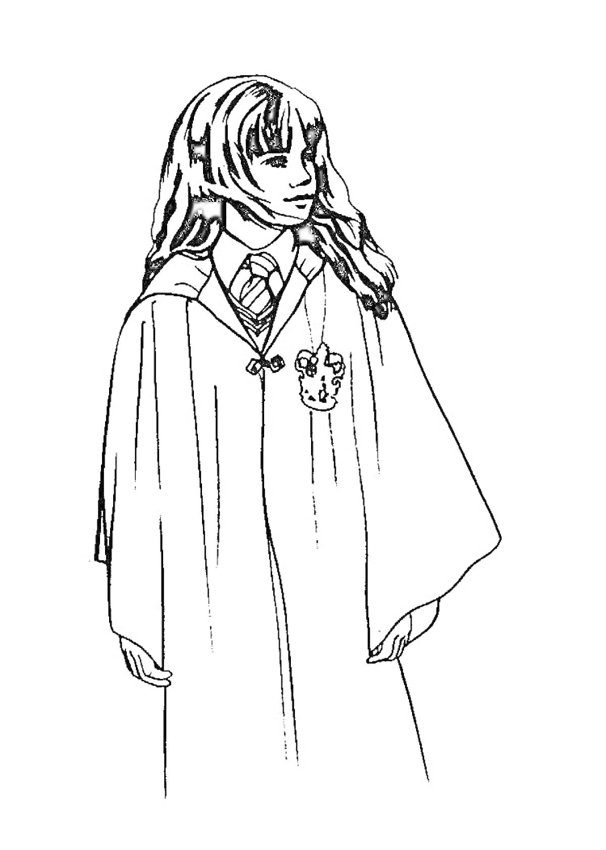 Раскраска Девушка в длинной мантии с гербом, галстуком в полоску, длинными волосами и значком