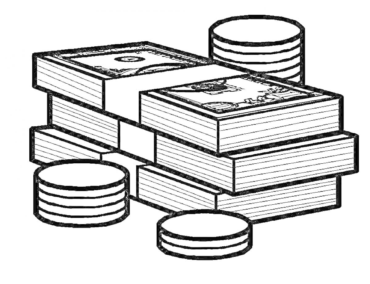 Раскраска пачки денег и монеты, изображенные в раскраске