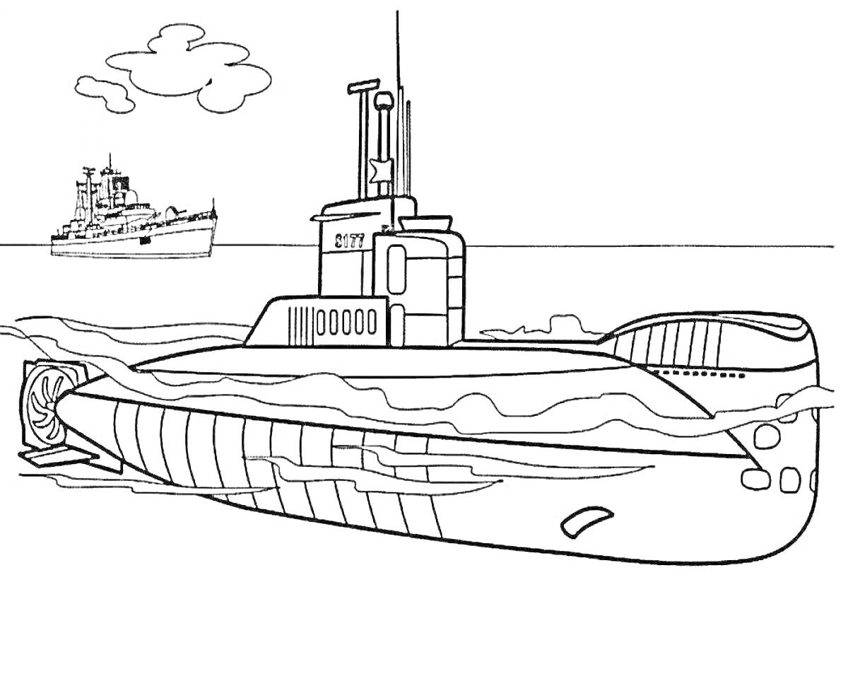 На раскраске изображено: Подводная лодка, Море, Корабль, Морская техника, Транспорт, Подводный мир