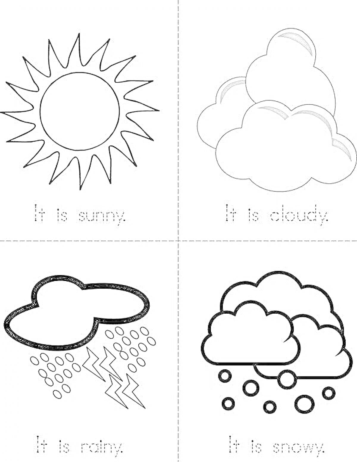 Раскраска Солнечная погода, Облачная погода, Дождливая погода с молнией, Снежная погода