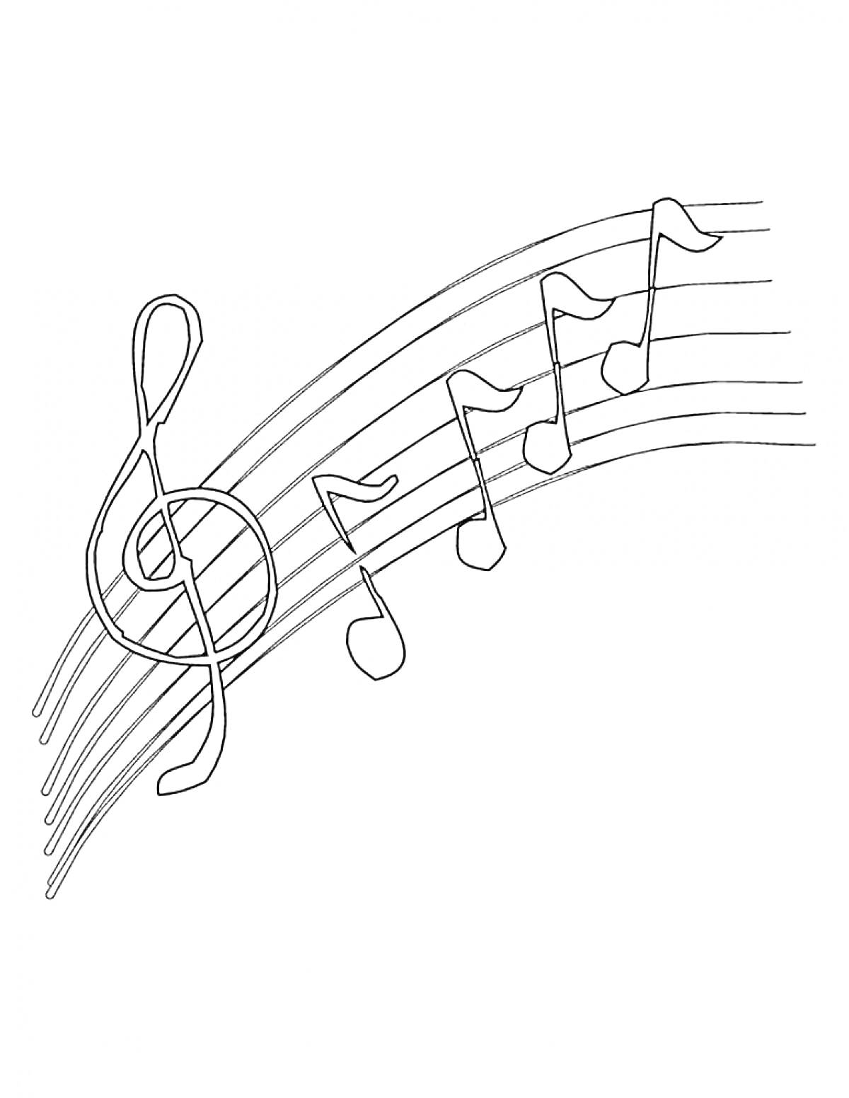 На раскраске изображено: Скрипичный ключ, Ноты, Музыка, Музыкальные символы