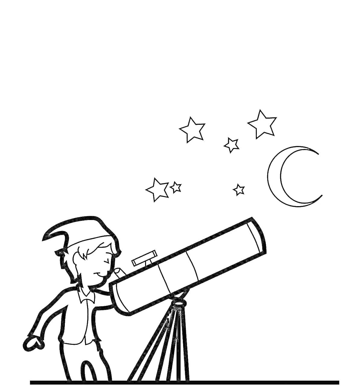 На раскраске изображено: Ребенок, Телескоп, Луна, Звезды, Наблюдение, Астрономия, Ночь, Наука, Небо