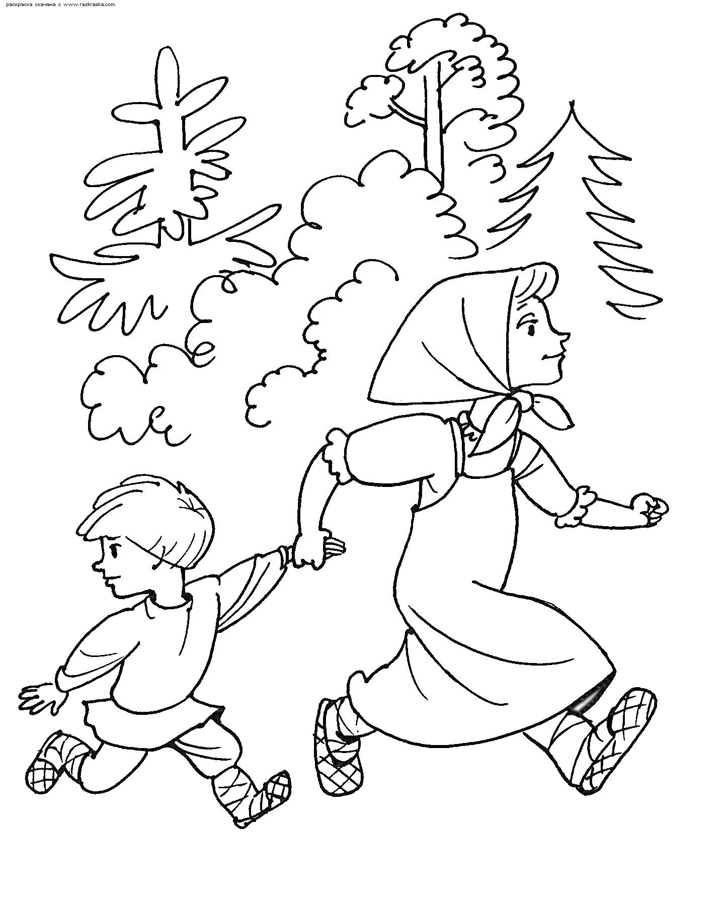 На раскраске изображено: Девочка, Мальчик, Лес, Деревья, Из сказок, Гуси-лебеди, Природа, Для детей, Бег