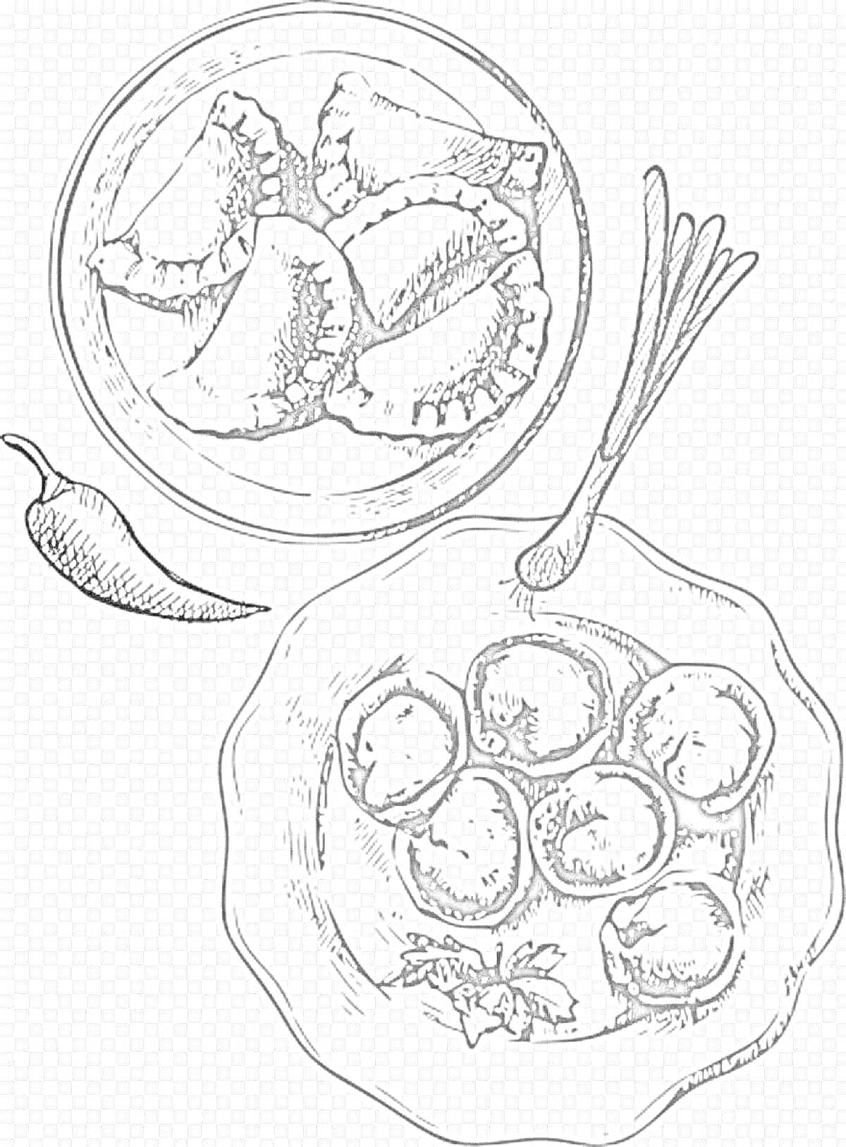 На раскраске изображено: Вареники, Пельмени, Тарелка, Миска, Перец, Зелень, Ложка, Еда, Кулинария