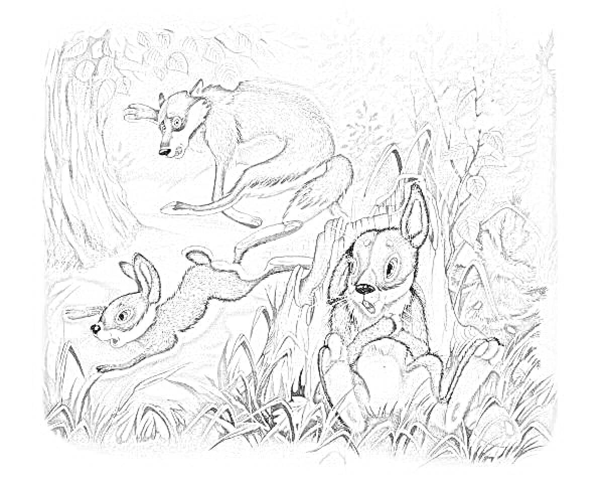 На раскраске изображено: Заяц, Волк, Длинные уши, Короткий хвост, Лес, Погоня, Деревья, Уши