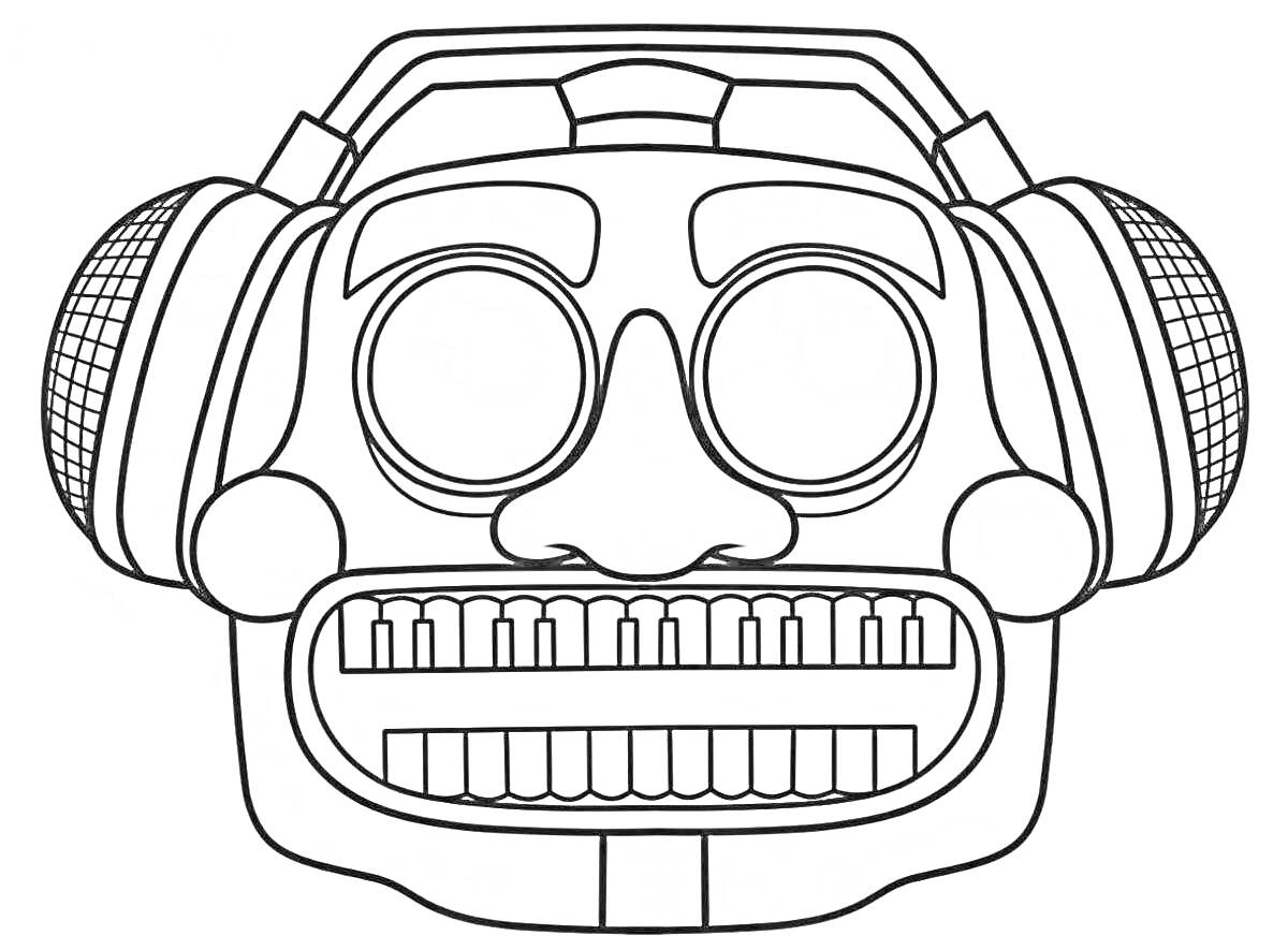 Раскраска Аниматроник (робот) с узорами, с большими круглыми глазницами, квадратными зубами, с круглыми элементами по сторонам головы