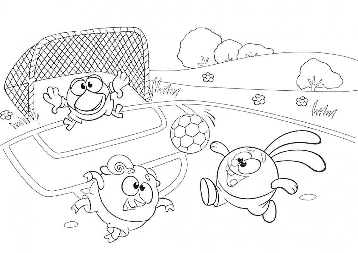 Раскраска Футбольная игра с Крошем, мячом, воротами и другими персонажами на футбольном поле на фоне природы