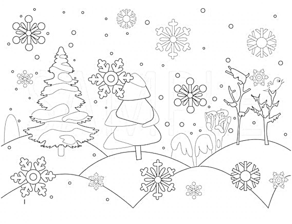 На раскраске изображено: Снег, Птица, Зима, Природа, Холмы, Деревья, Снежинки, Елки