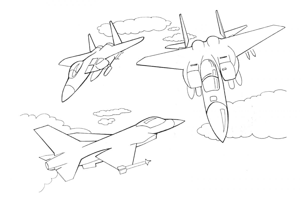 На раскраске изображено: Самолеты, Небо, Облака, Военные самолеты, Летательные аппараты