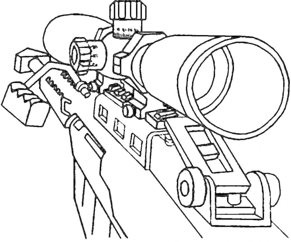 На раскраске изображено: Винтовка, Оптический прицел, Оружие, Контурные рисунки