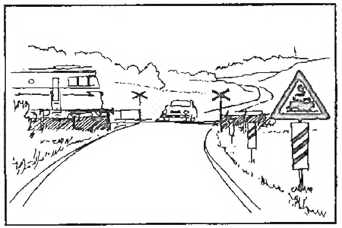 На раскраске изображено: Железнодорожный переезд, Поезд, Предупреждающие знаки, Железная дорога, Безопасность, Природа