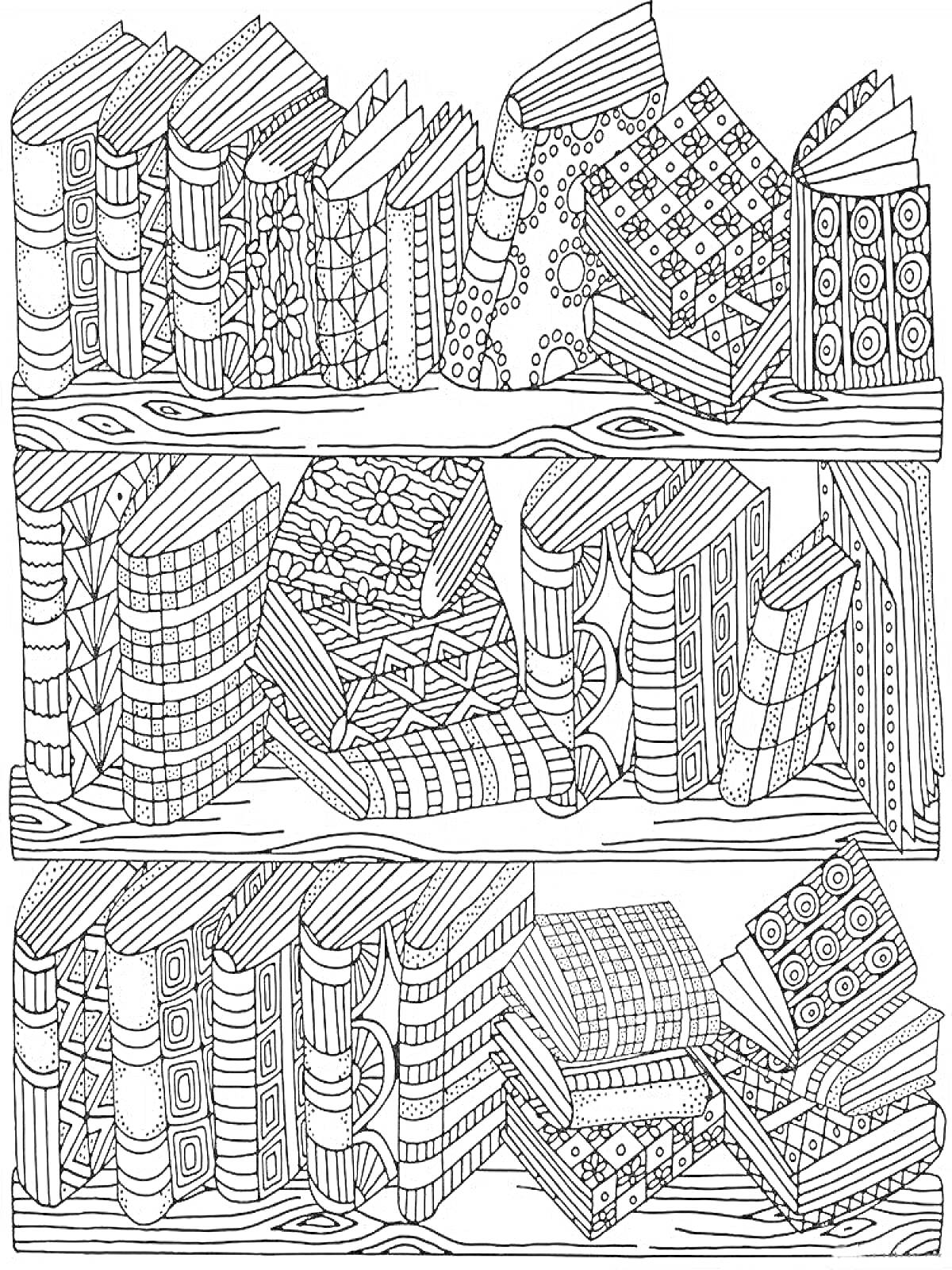 Раскраска Полка с книгами в узорных обложках