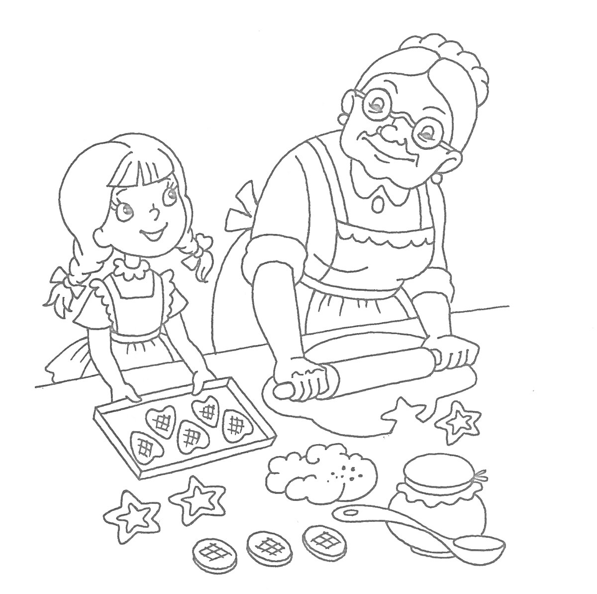 На раскраске изображено: Девочка, Бабушка, Кухня, Печенье, Тесто, Скалка, Звезды, Сердца