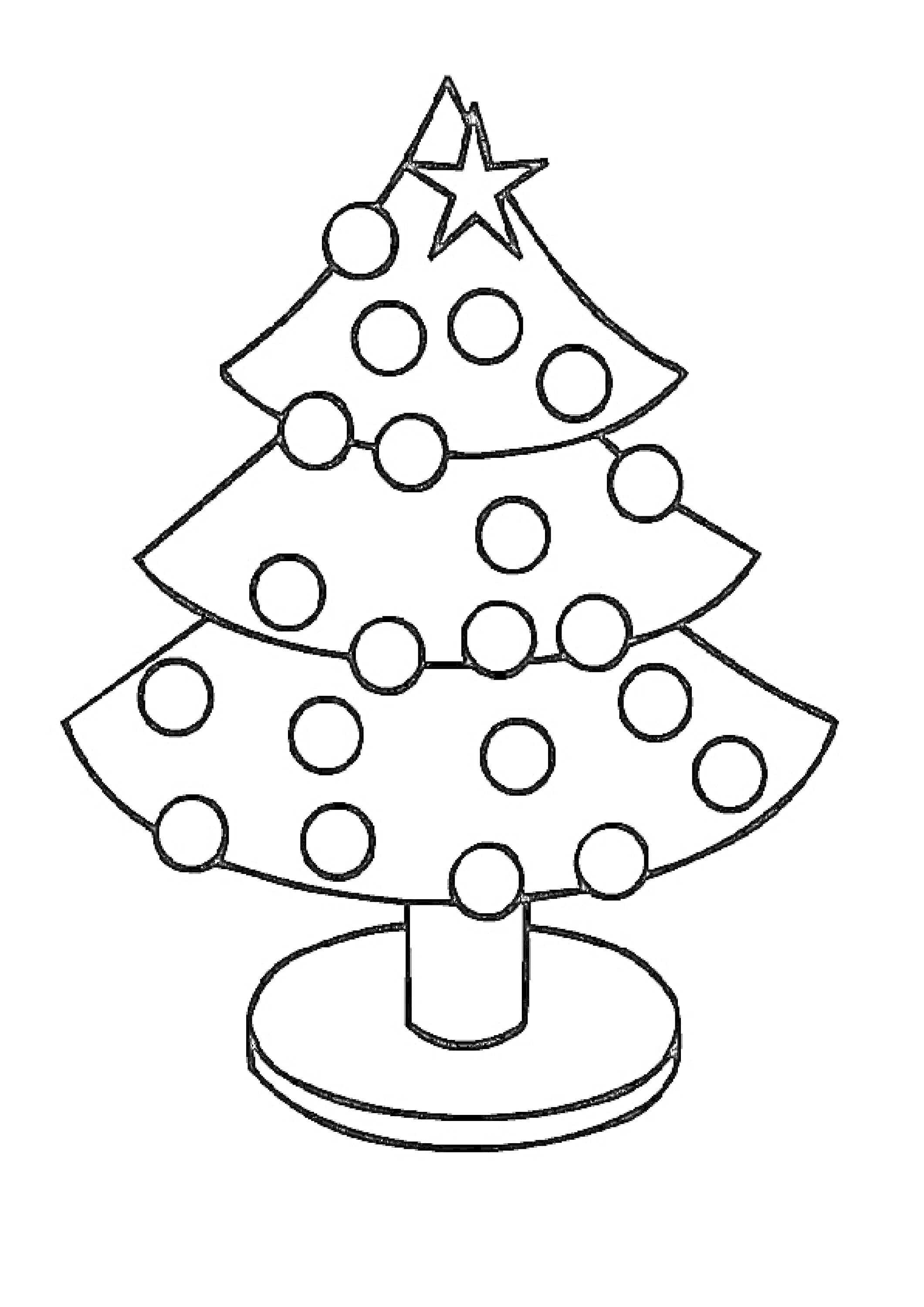 На раскраске изображено: Новогодняя елка, Шары, Украшения, Подставка, Новый год