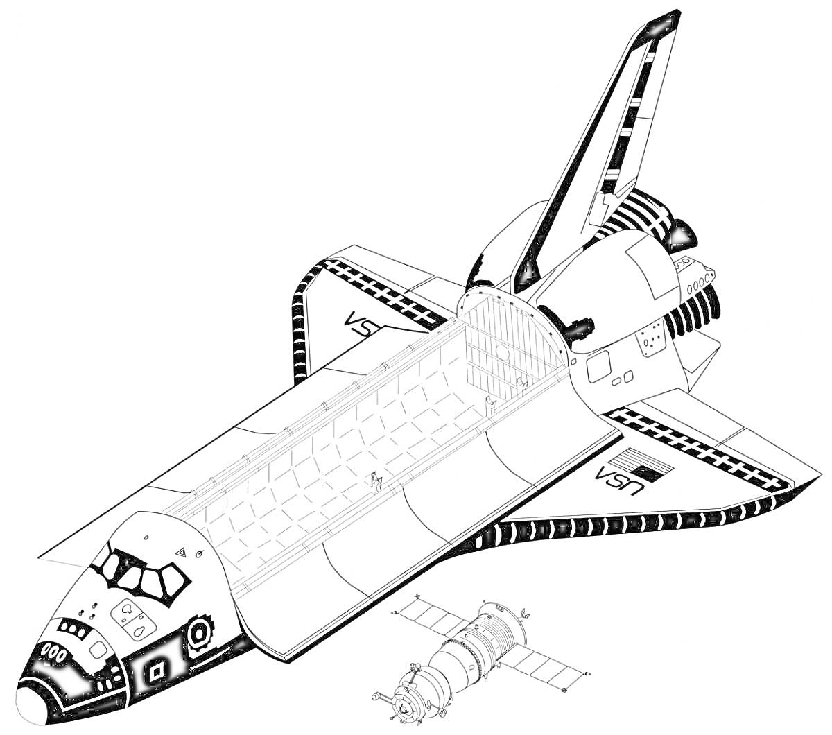 Космический шаттл «Буран» на орбите с разгерметизированным грузовым отсеком и спутником на заднем плане