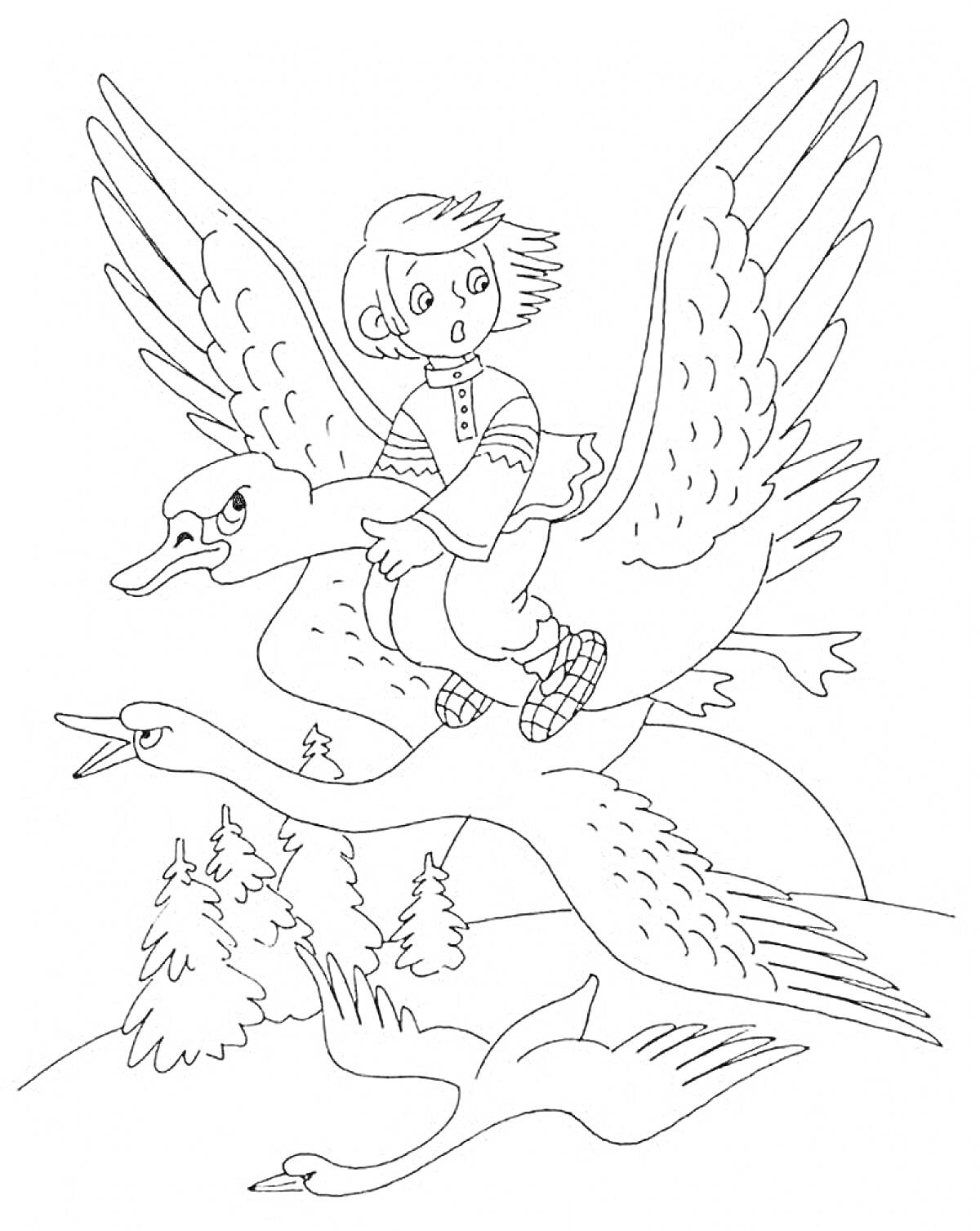 На раскраске изображено: Мальчик, Лебедь, Полет, Лес, Природа
