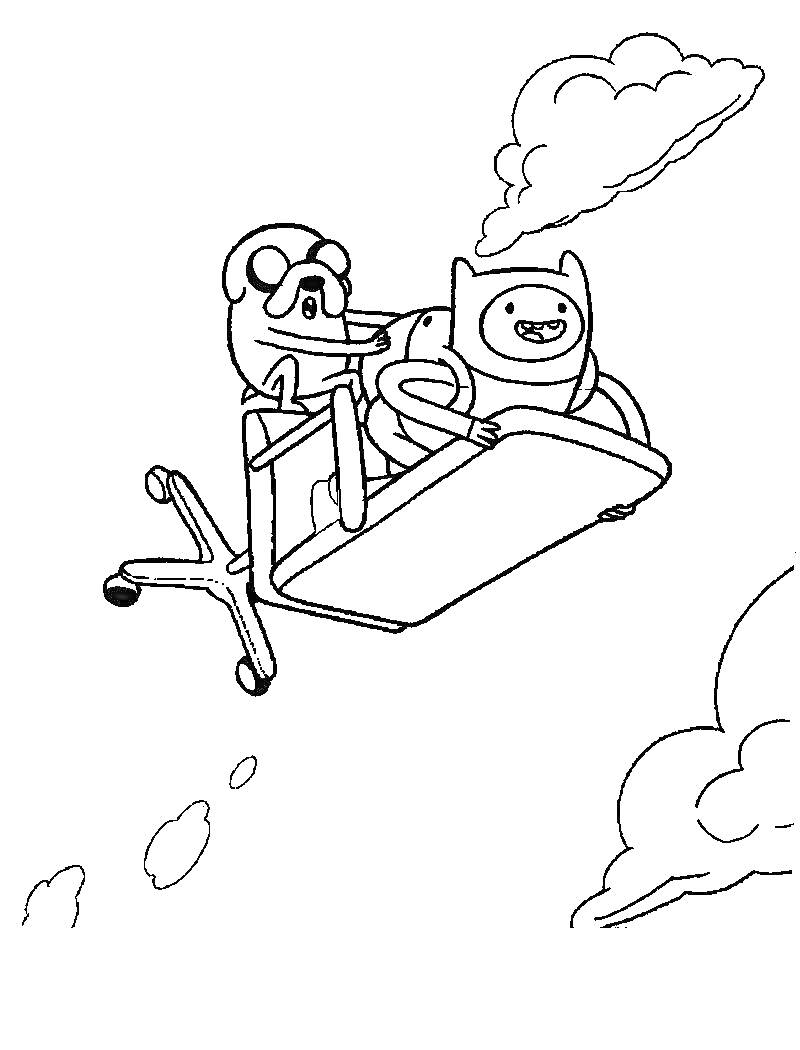 Раскраска Финн и Джейк летят на кресле через облака
