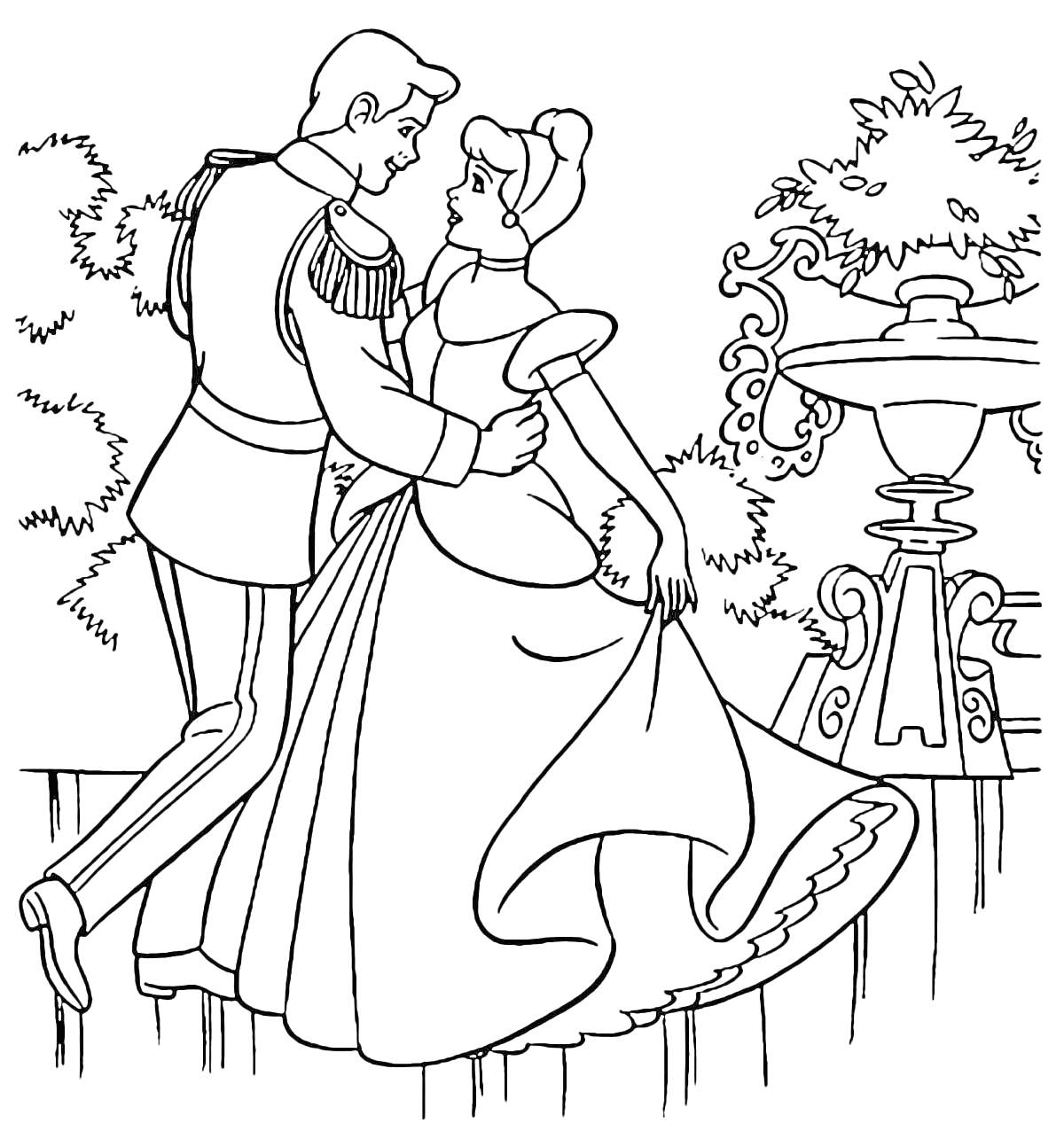 Раскраска Золушка и Принц на балконе с фонтаном на заднем плане
