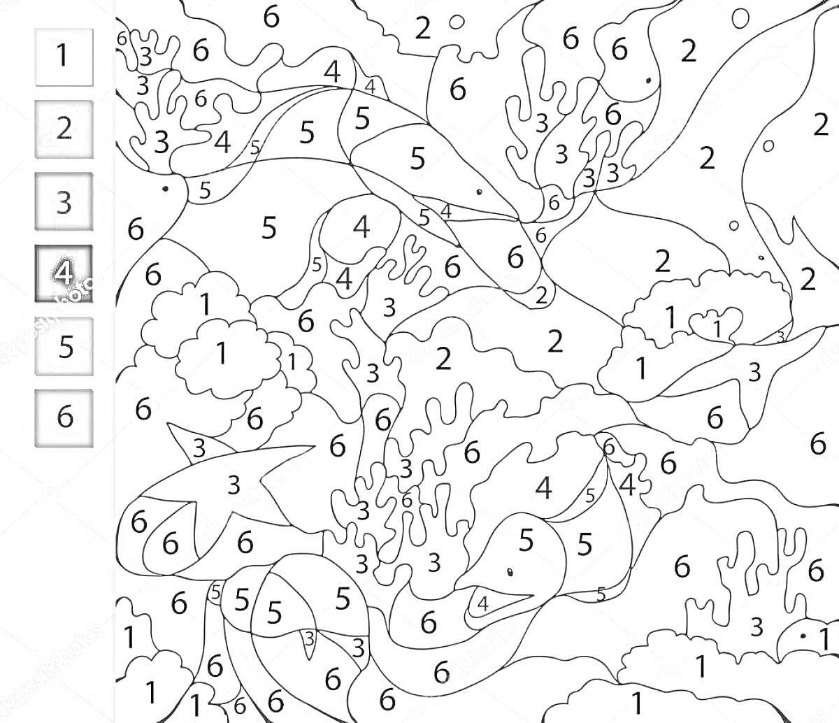 На раскраске изображено: По номерам, Подводный мир, Кораллы, Подводная жизнь