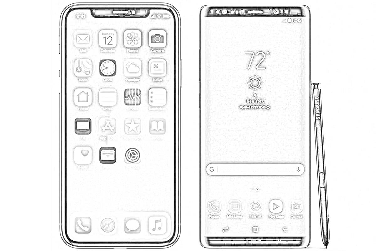Раскраска iPhone X и Samsung Galaxy Note с S Pen