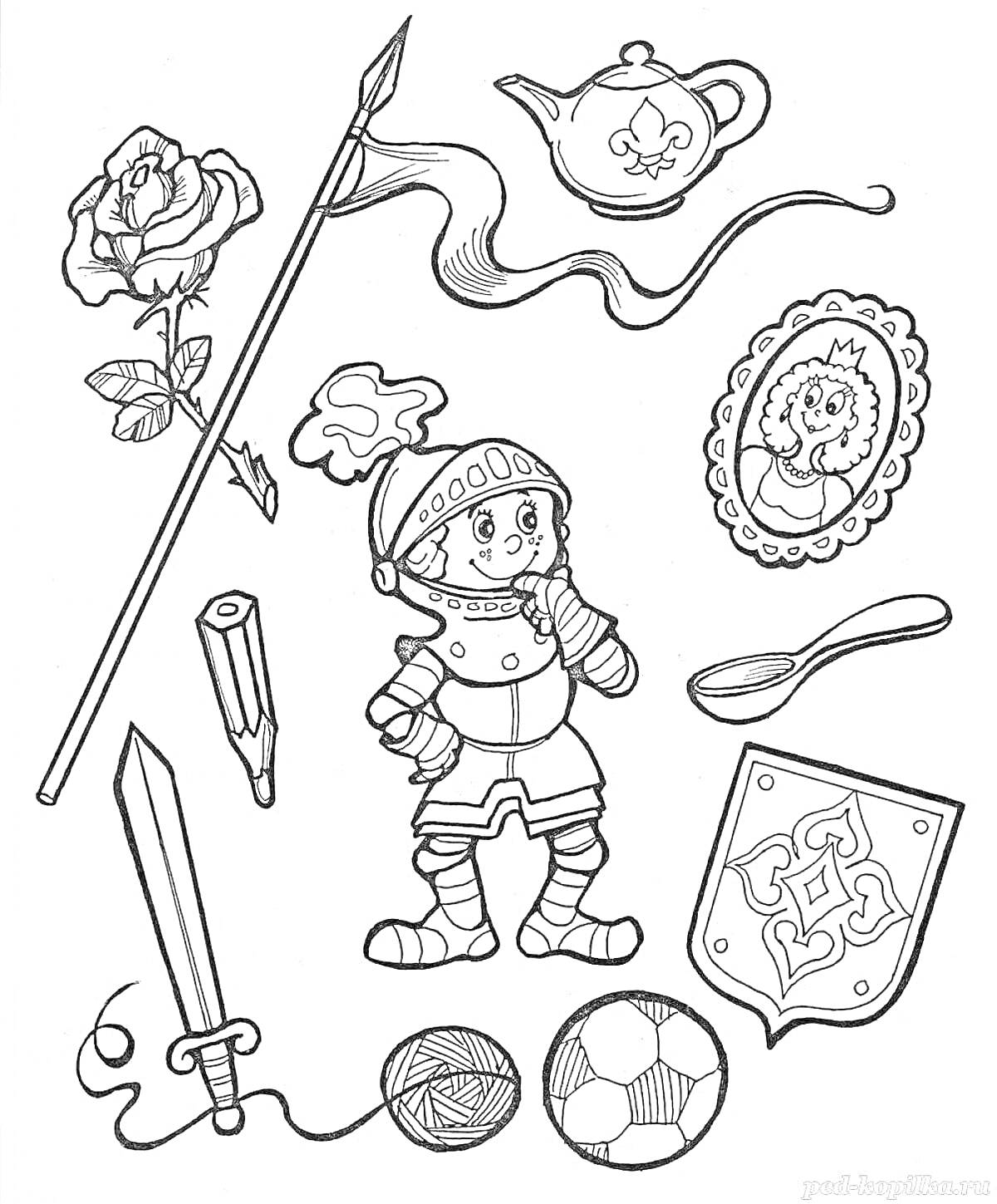 На раскраске изображено: Флаг, Ложка, Меч, Футбольный мяч, Щит