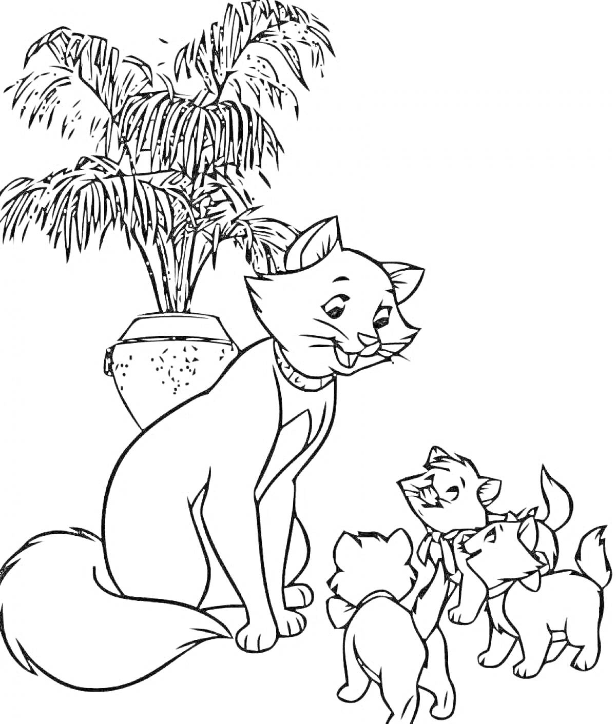На раскраске изображено: Кошка, Мама, Цветочный горшок, Растения, Семейство, Уход, Животное, Котёнок