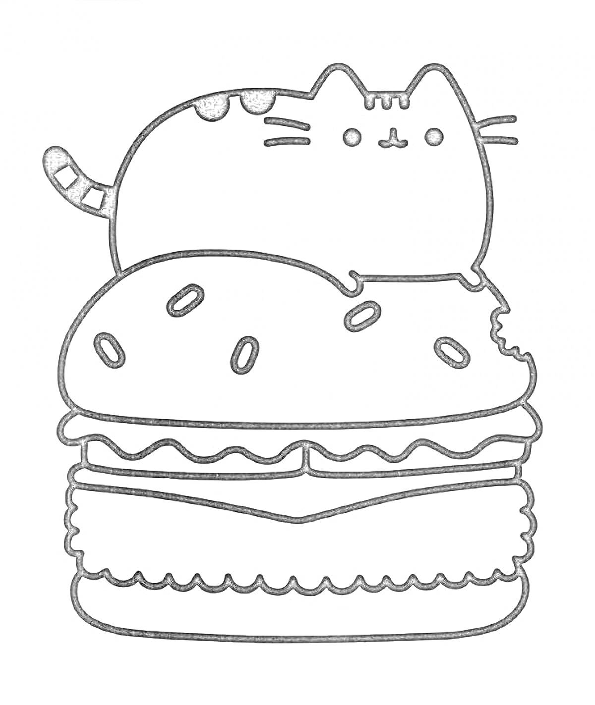 Раскраска Кошка на бургере с листьями салата
