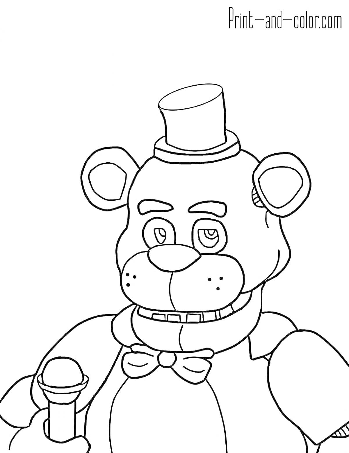 Раскраска Аниматроник медведь с микрофоном и цилиндром из Five Nights at Freddy's.