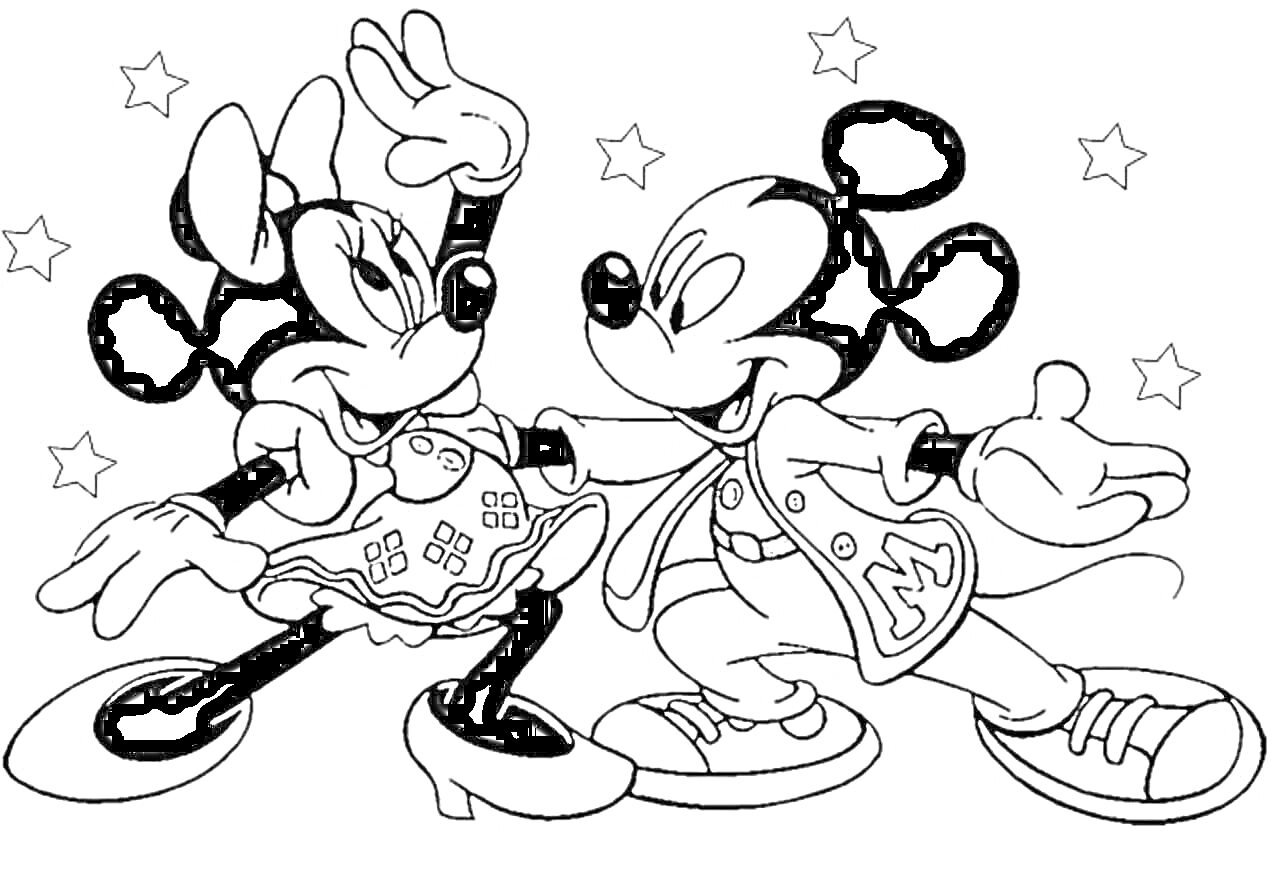 Раскраска Микки Маус и Минни Маус танцуют волшебный танец со звездами на фоне