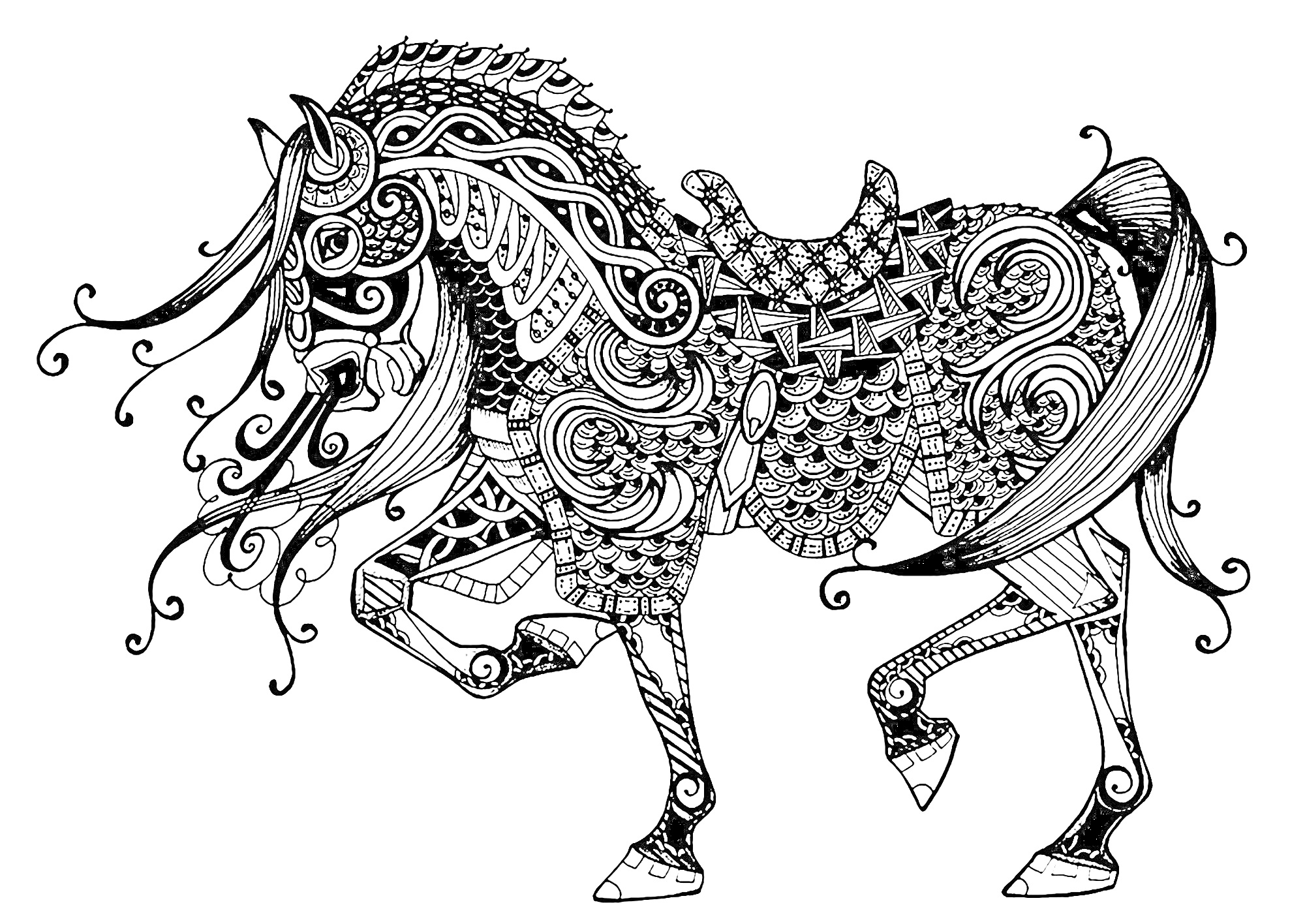 Антистресс раскраска с лошадью, украшенной сложными геометрическими и растительными узорами