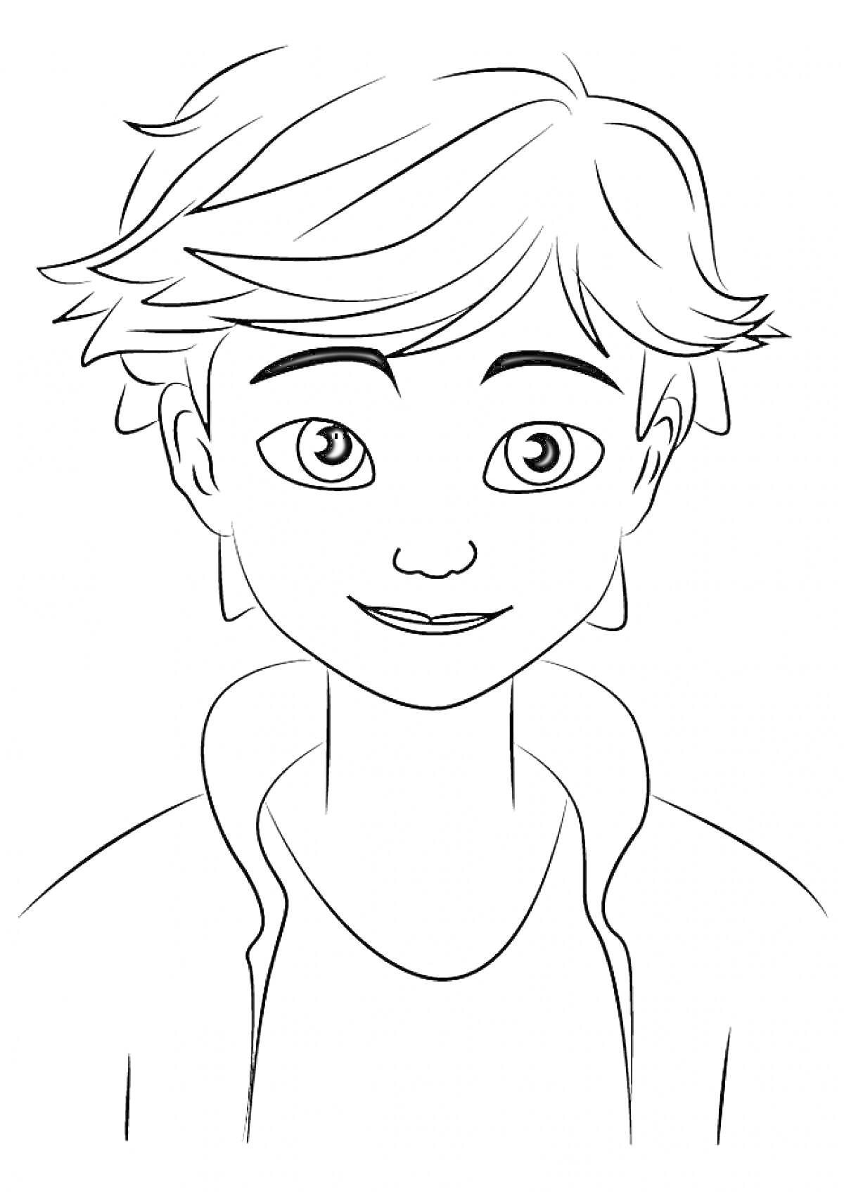 Портрет молодого персонажа с короткими волосами и улыбкой из мультсериала «Леди Баг и Супер-Кот»