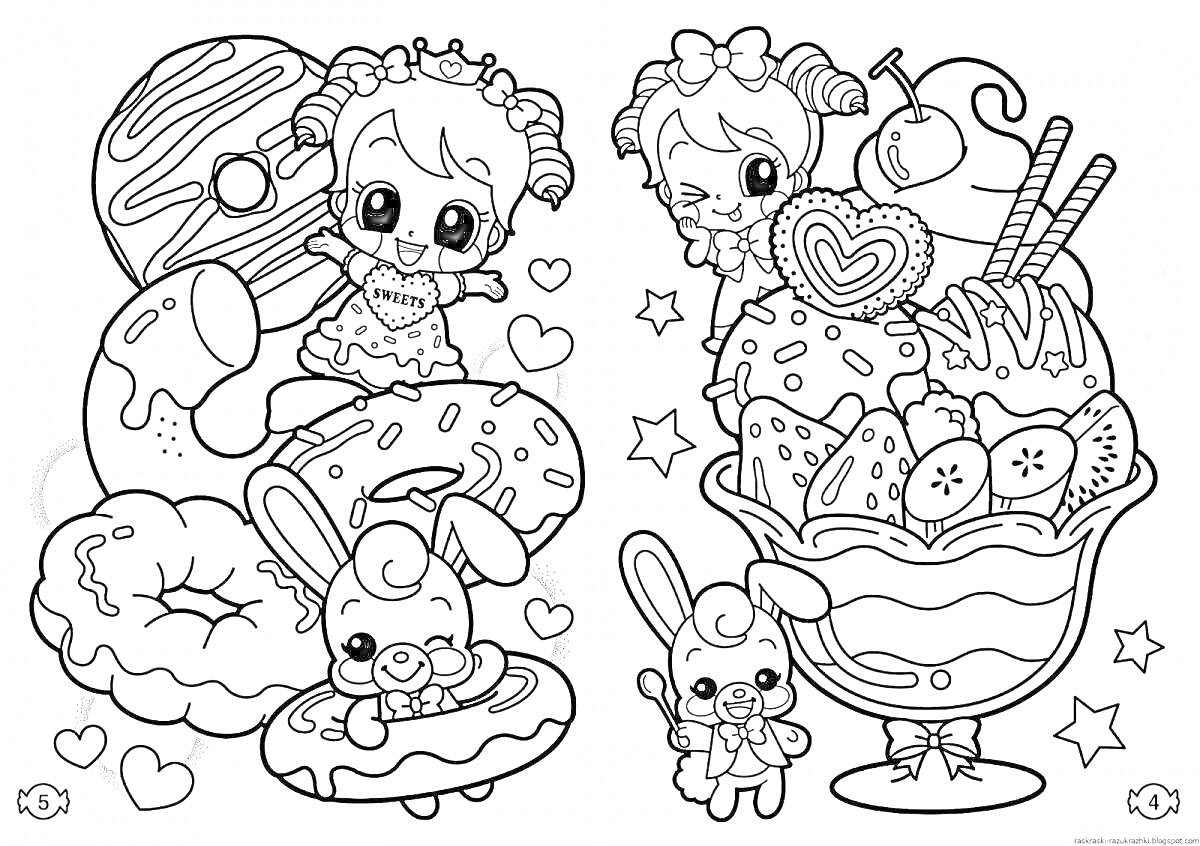 Раскраска Девочки с косичками и кролики среди сладостей, мороженое с фруктами и палочками для украшения, большие пончики и пирожные, маленькие сердечки