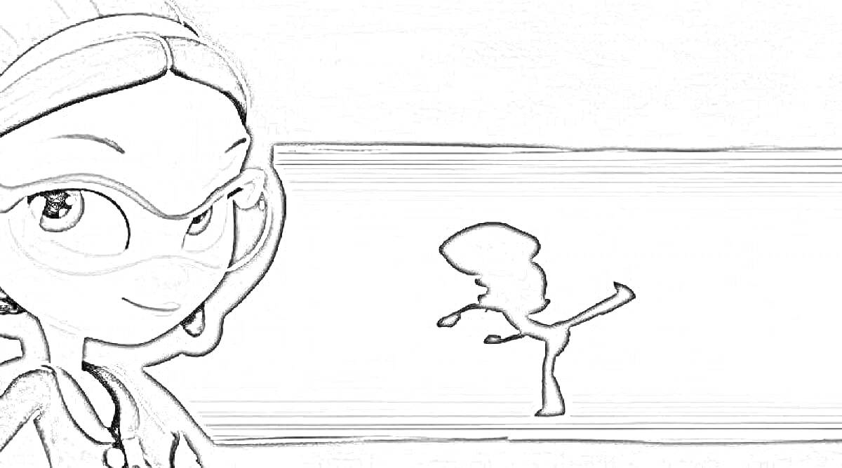 Раскраска персонаж в очках на переднем плане, танцующая фигура на заднем фоне