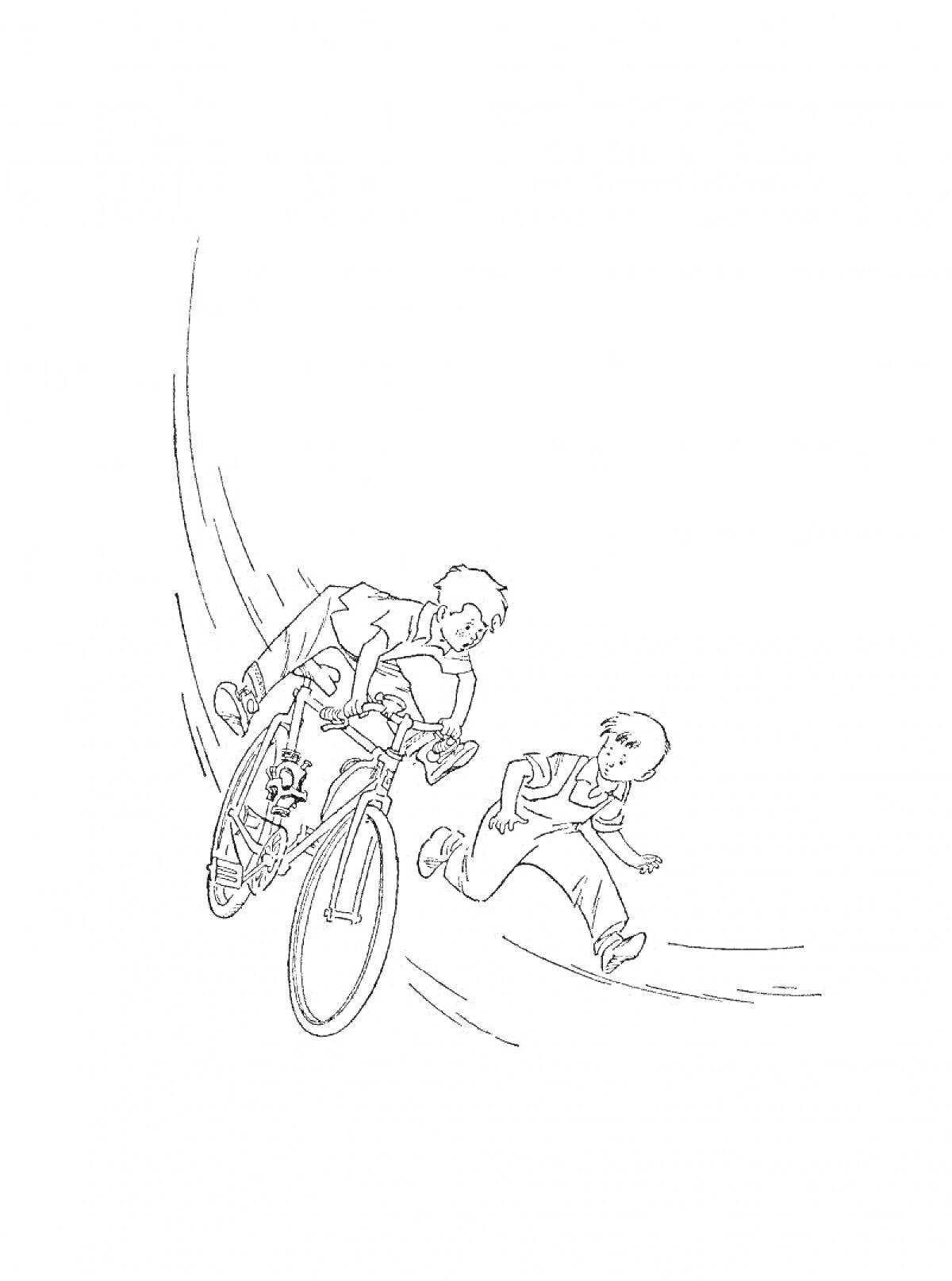 На раскраске изображено: Мальчик, Велосипед, Спорт, Скорость, Движение