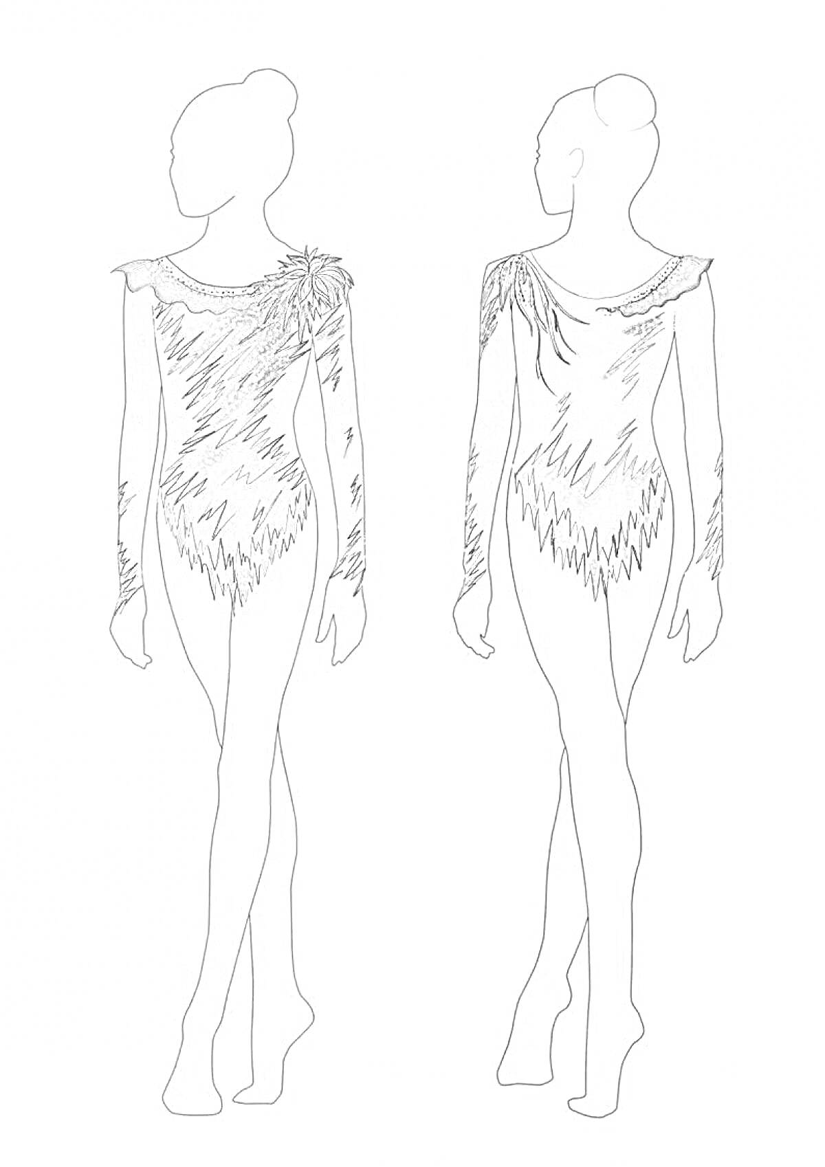 Раскраска Купальник для художественной гимнастики с длинными рукавами, асимметричным узором и акцентами на плече и боку