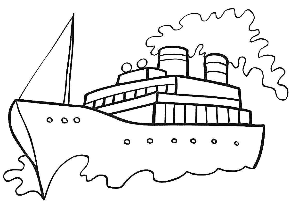 На раскраске изображено: Пароход, Корабль, Окна, Дым, Морской транспорт, Труба, Контурные рисунки