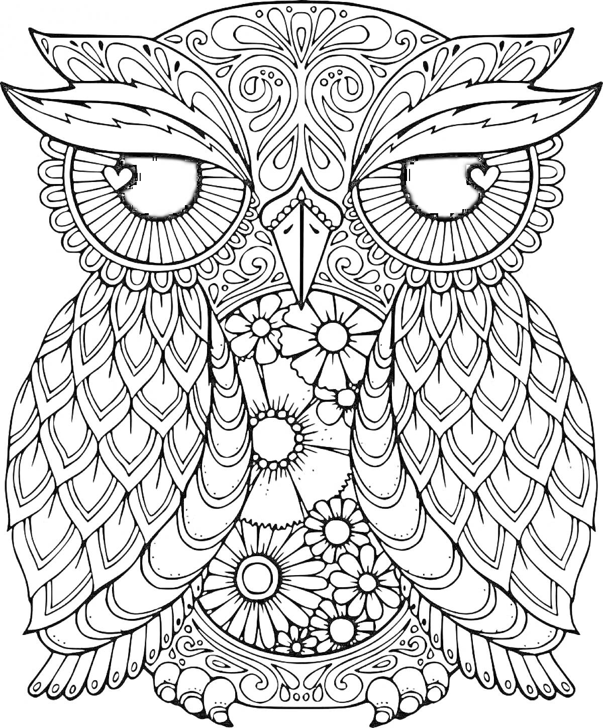 Раскраска Сложная сова с узорами и цветами, с большими глазами и детализированным оперением