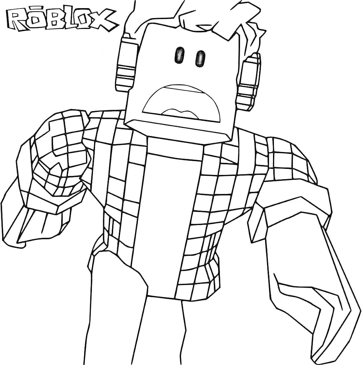 Раскраска Персонаж из Роблокса в клетчатой рубашке с наушниками