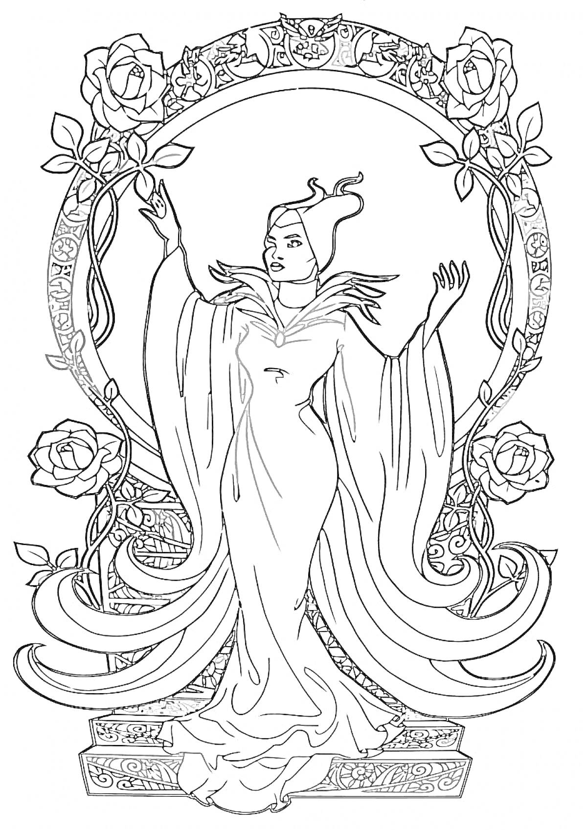 Раскраска Малефисента в длинном платье на фоне украшенного цветами круглого орнамента