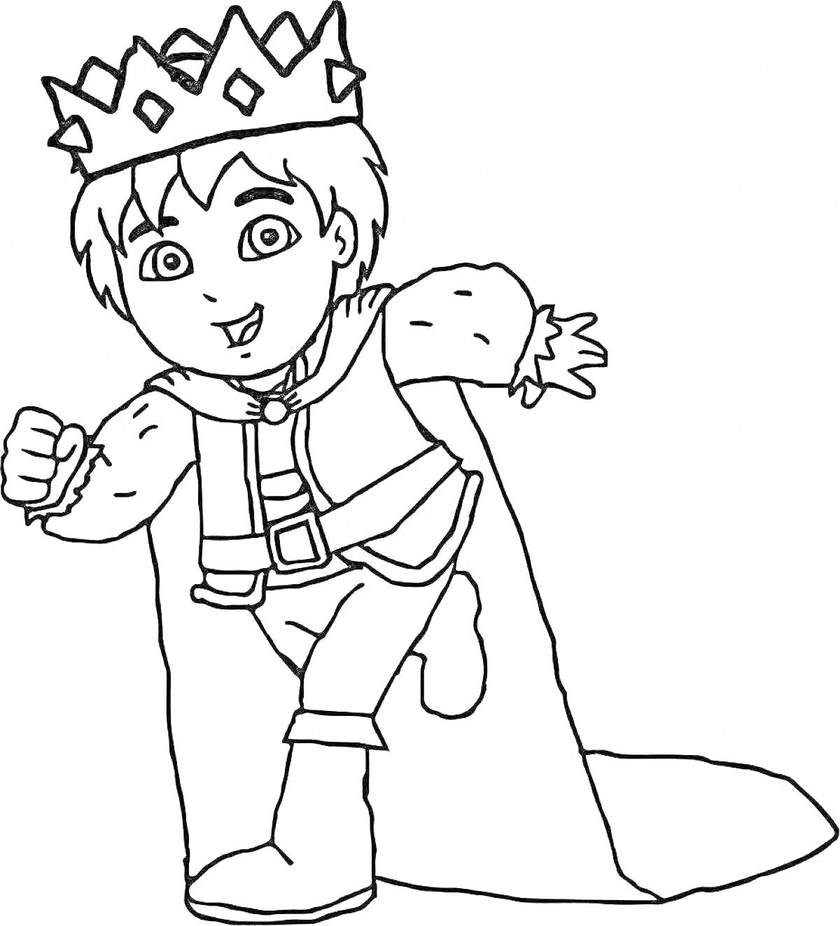 Раскраска Диего в костюме принца с короной и плащом