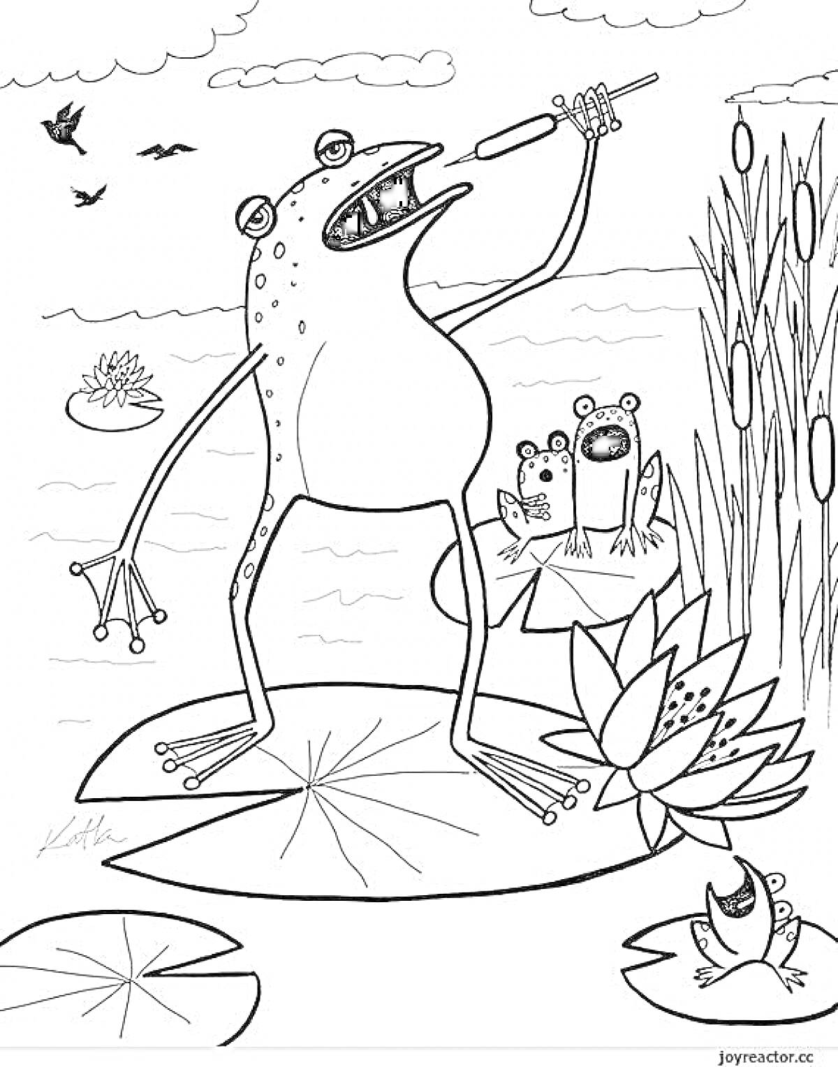 Лягушка на кувшинке с тростником, две лягушки, птицы, облака, водяные лилии и щенок