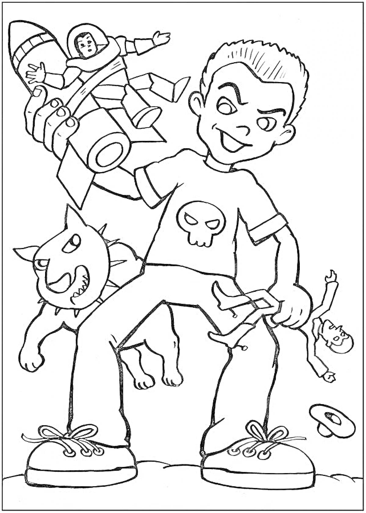 Раскраска Мальчик с прической андеркат в футболке со скелетом, игрушечный человек с ракетой в одной руке, сломанная кукла в другой руке, агрессивная собака рядом, валяющийся кольцеобразный объект